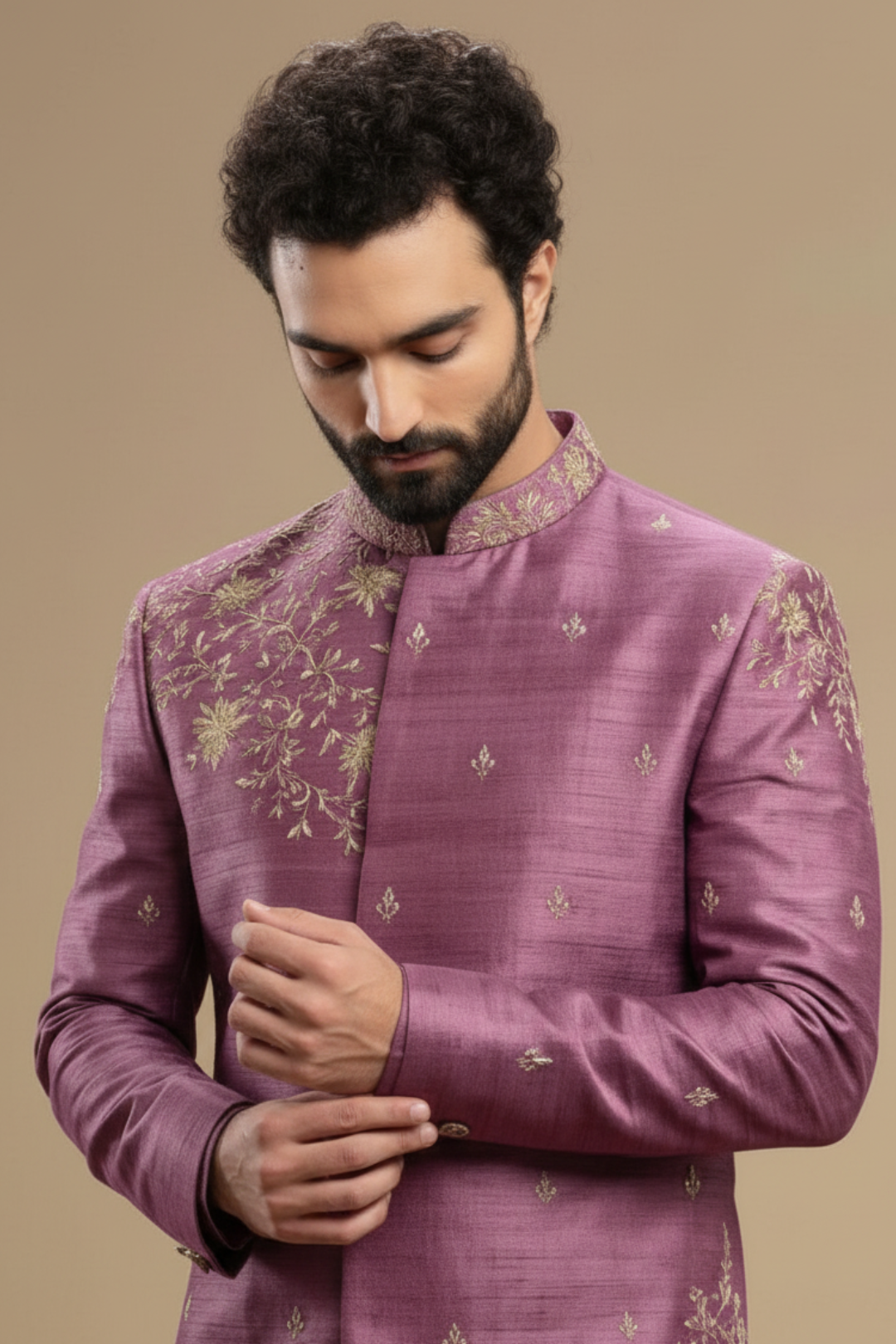 Men’s Designer Purple Indo-Western Set with Floral Motifs
