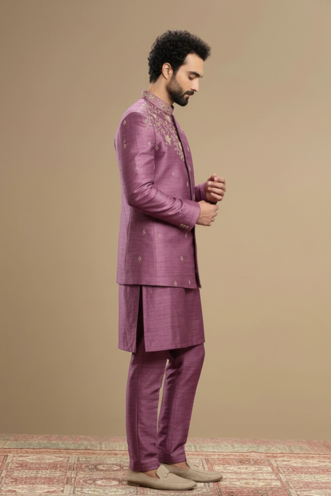 Men’s Designer Purple Indo-Western Set with Floral Motifs