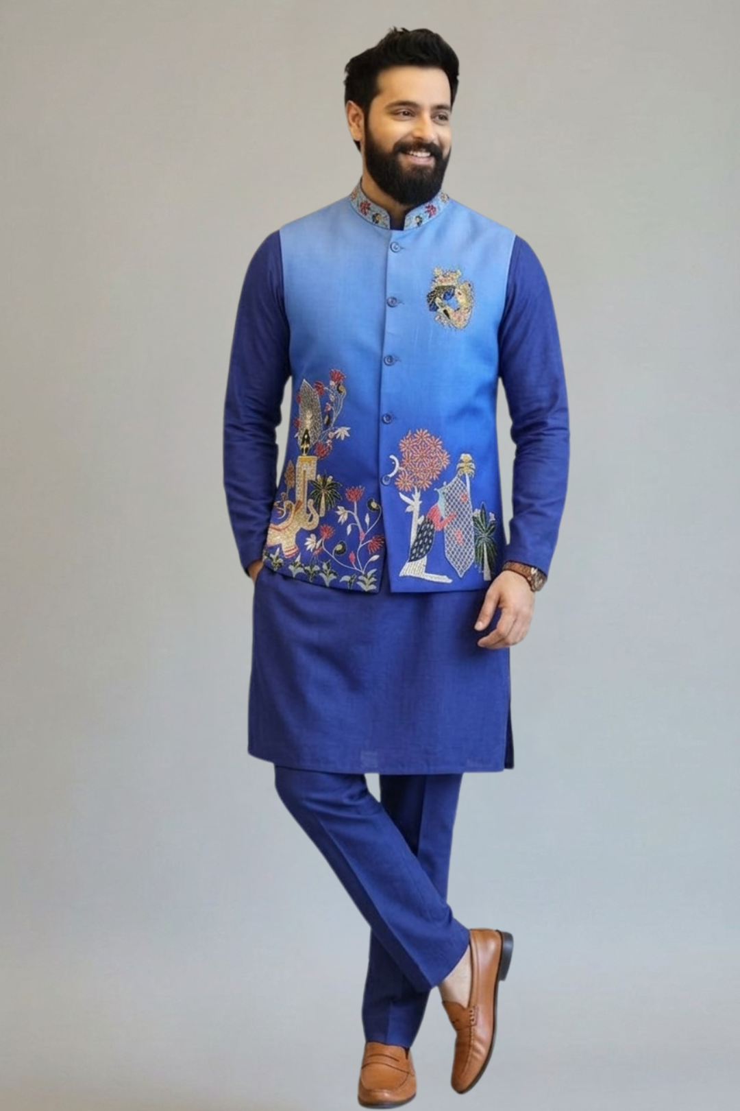 Royal Blue Embroidered Kurta with Designer Nehru Jacket & Trouser Set for Men | Wedding & Festive Wear