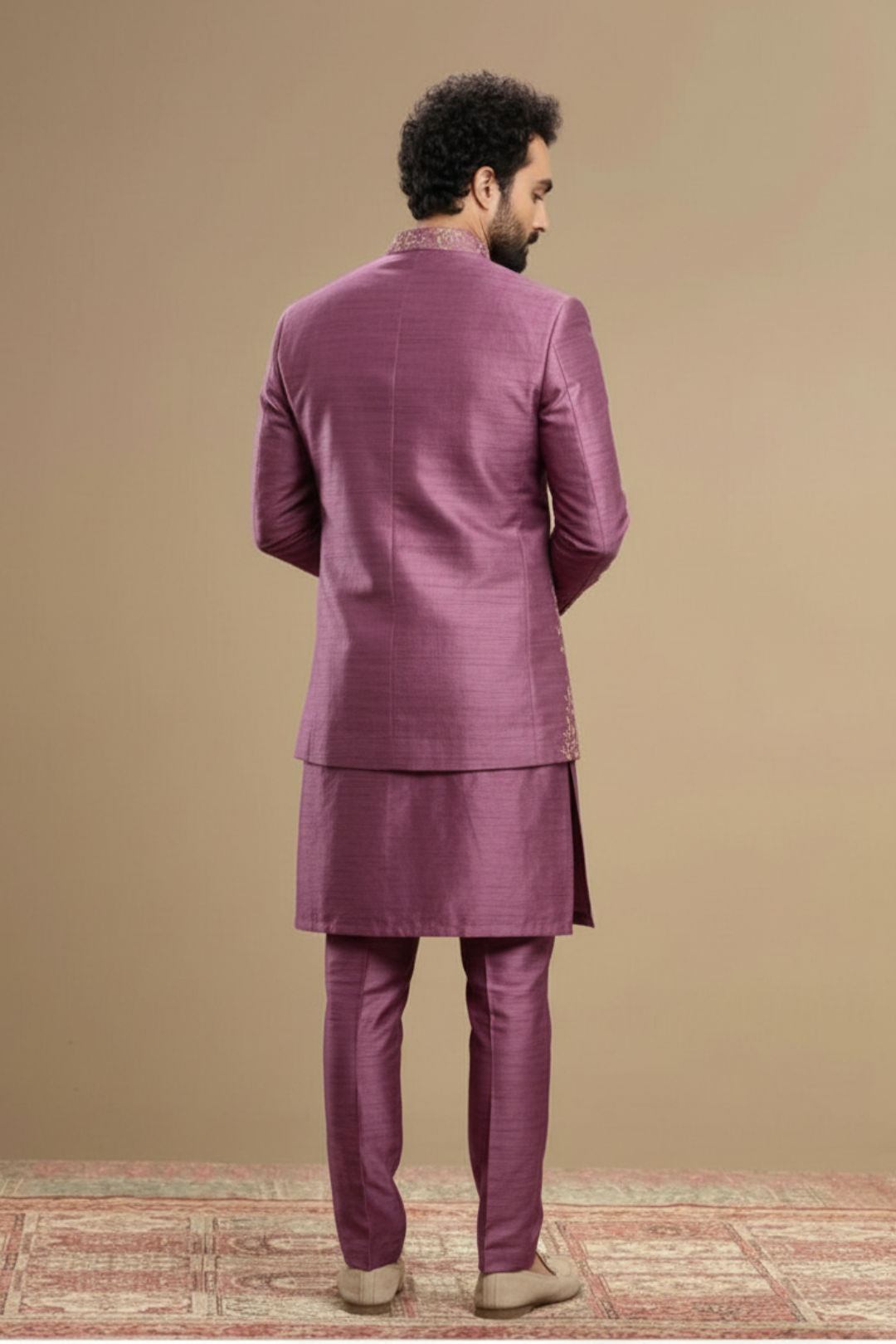 Men’s Designer Purple Indo-Western Set with Floral Motifs