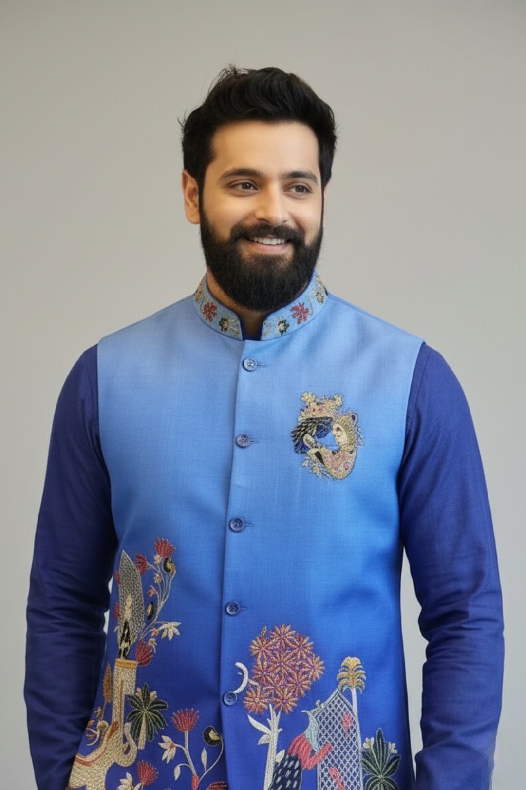 Royal Blue Embroidered Kurta with Designer Nehru Jacket & Trouser Set for Men | Wedding & Festive Wear