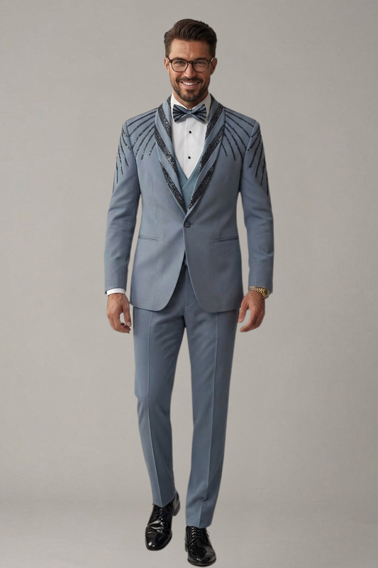 Powder Blue Designer 3-Piece Suit for Men – Slim Fit Embellished Wedding & Reception Wear