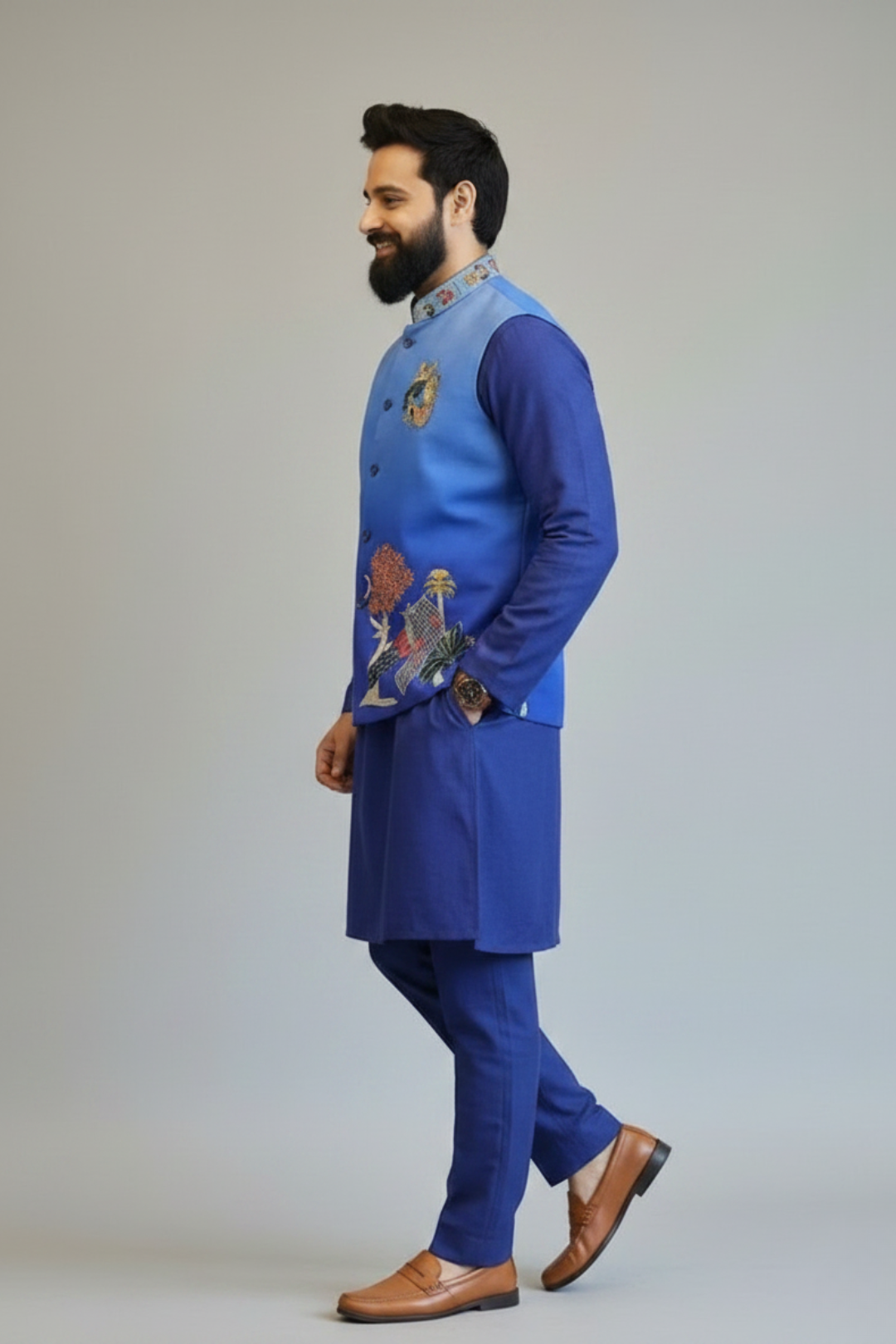 Royal Blue Embroidered Kurta with Designer Nehru Jacket & Trouser Set for Men | Wedding & Festive Wear
