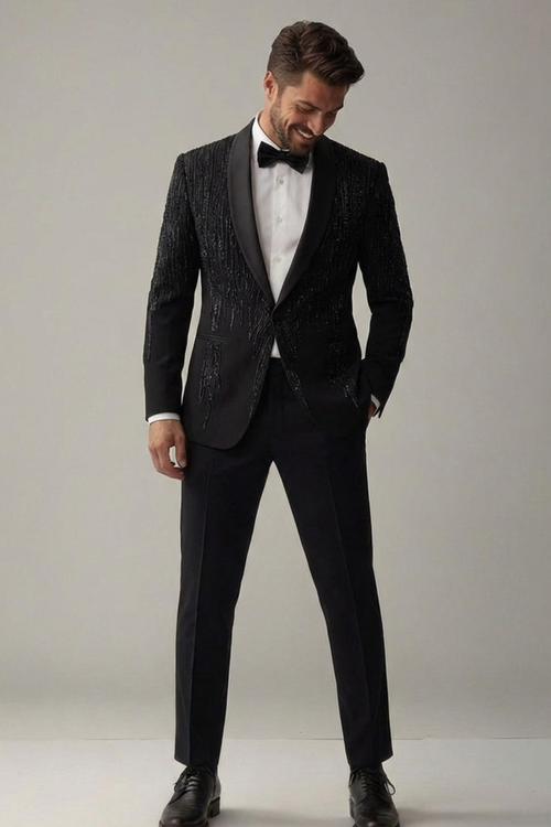 Luxury Black Embroidered Tuxedo Suit for Men – Designer Evening & Wedding Blazer Set