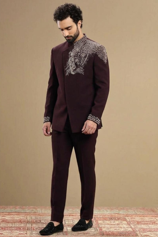 Men’s Luxury Wine Indo-Western Jacket & Trouser Set