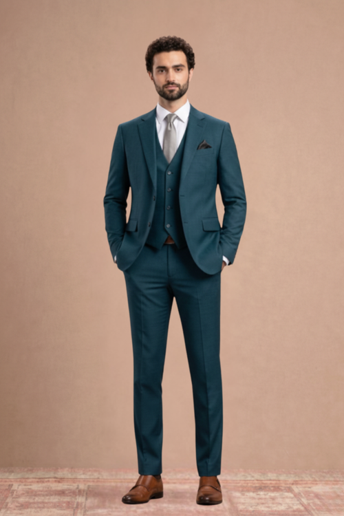 Man wearing a teal suit with a white shirt and brown shoes on a beige background