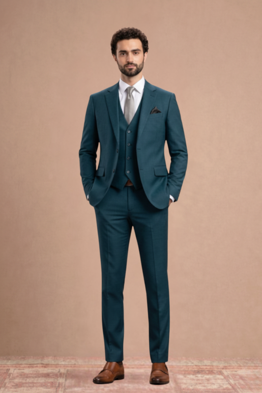 Man wearing a teal suit with a white shirt and brown shoes on a beige background