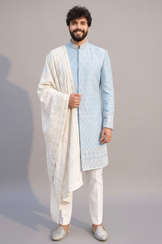 Ice blue designer sherwani