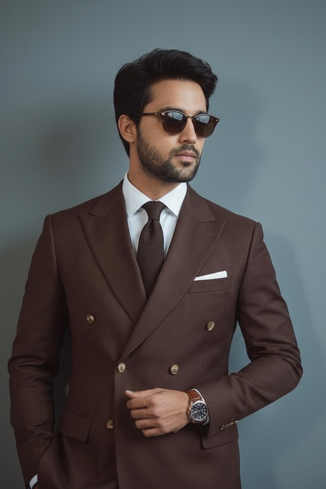 Man wearing a brown suit with sunglasses against a gray background