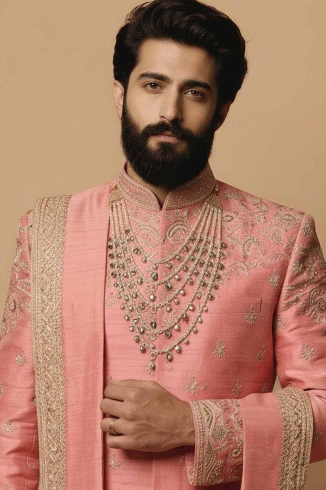 Man wearing a traditional pink sherwani with intricate gold embroidery on a beige background