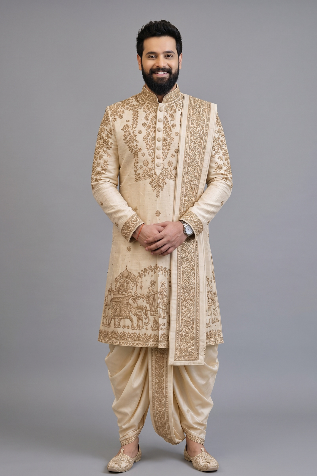 Royal Heritage Gold Embroidered kurta for Men – Luxury Groom Wear with Dhoti Pants