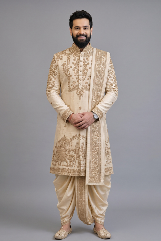 Royal Heritage Gold Embroidered kurta for Men – Luxury Groom Wear with Dhoti Pants