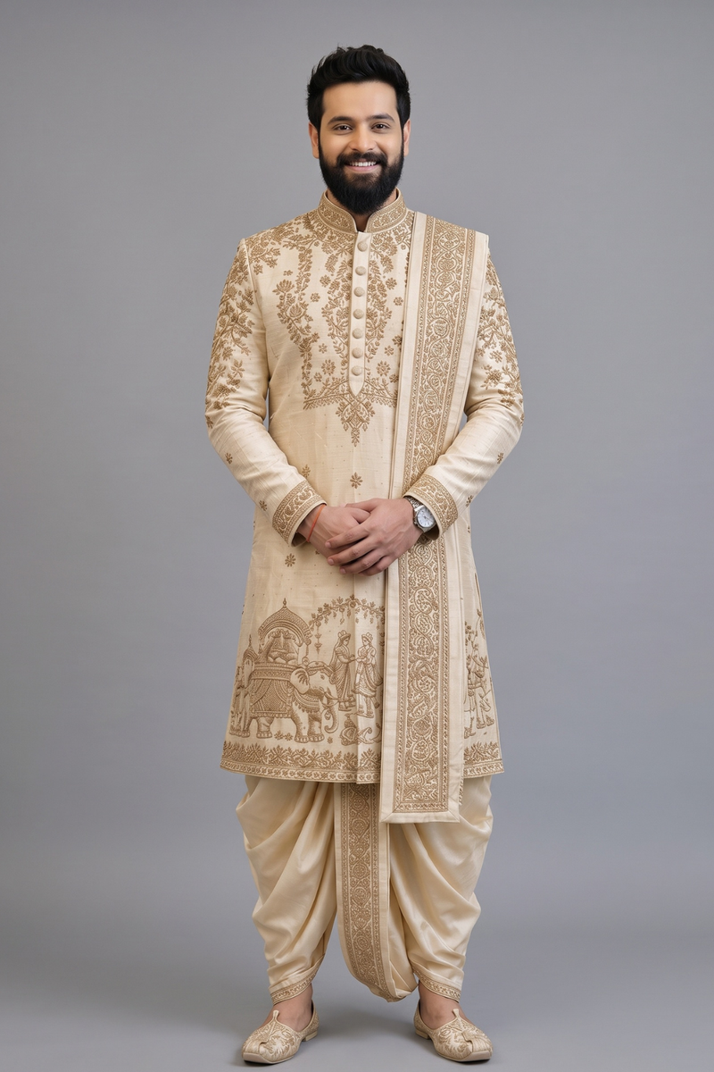 Royal Heritage Gold Embroidered kurta for Men – Luxury Groom Wear with Dhoti Pants