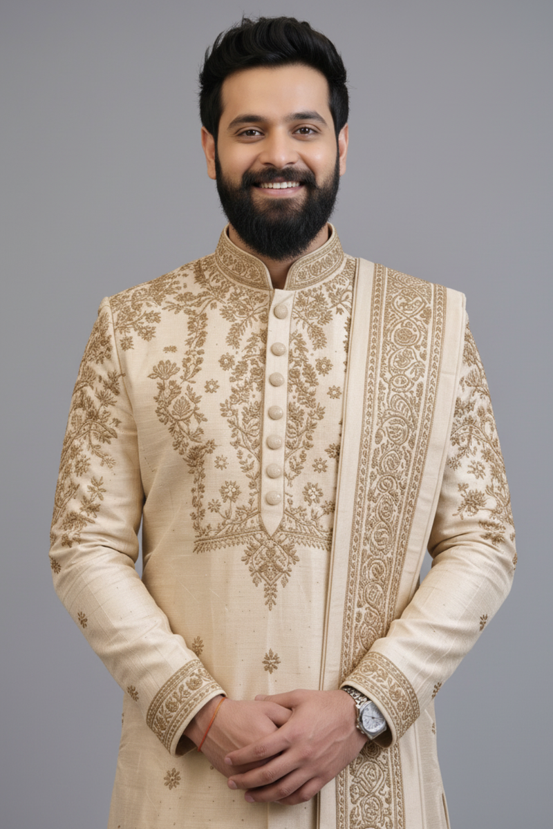 Royal Heritage Gold Embroidered kurta for Men – Luxury Groom Wear with Dhoti Pants