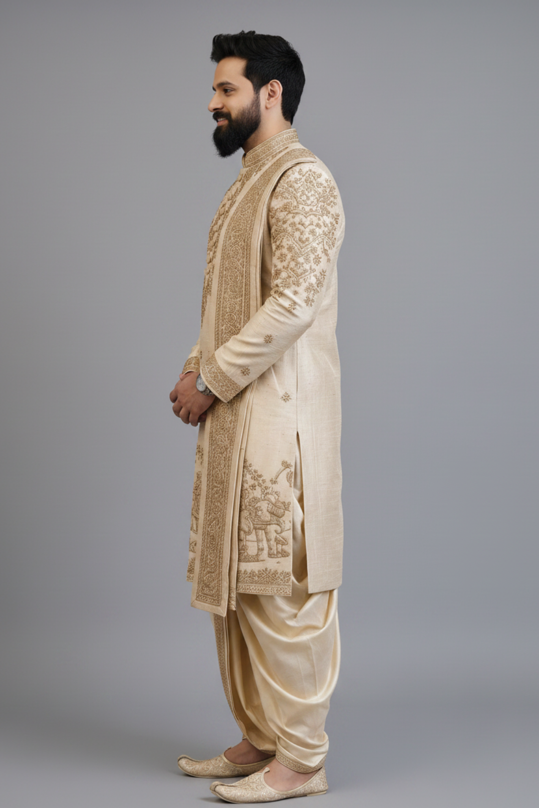 Royal Heritage Gold Embroidered kurta for Men – Luxury Groom Wear with Dhoti Pants