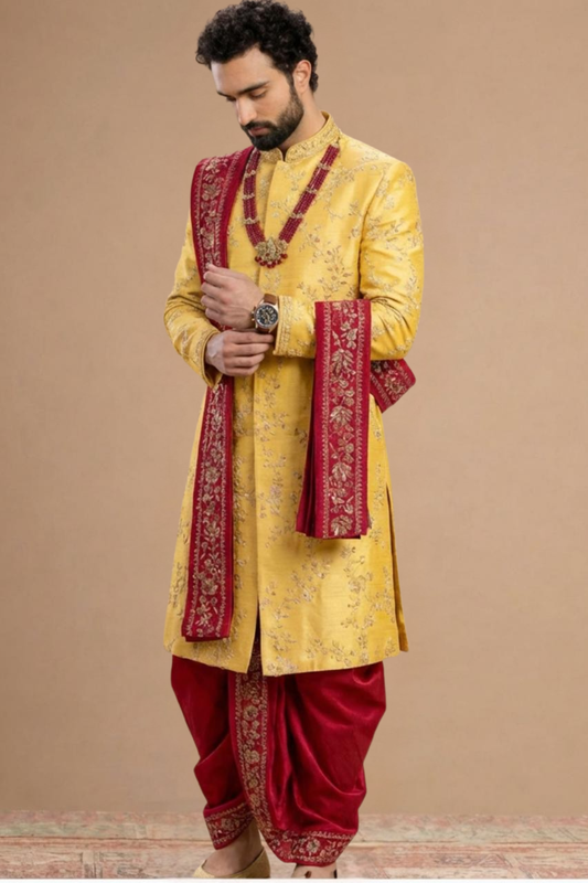 Men’s Mustard Yellow Embroidered sherwani Dhoti Set with Dupatta
