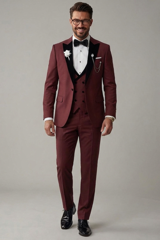 Burgundy Tuxedo Suit for Men with Black Lapel – Designer Wedding & Formal Wear