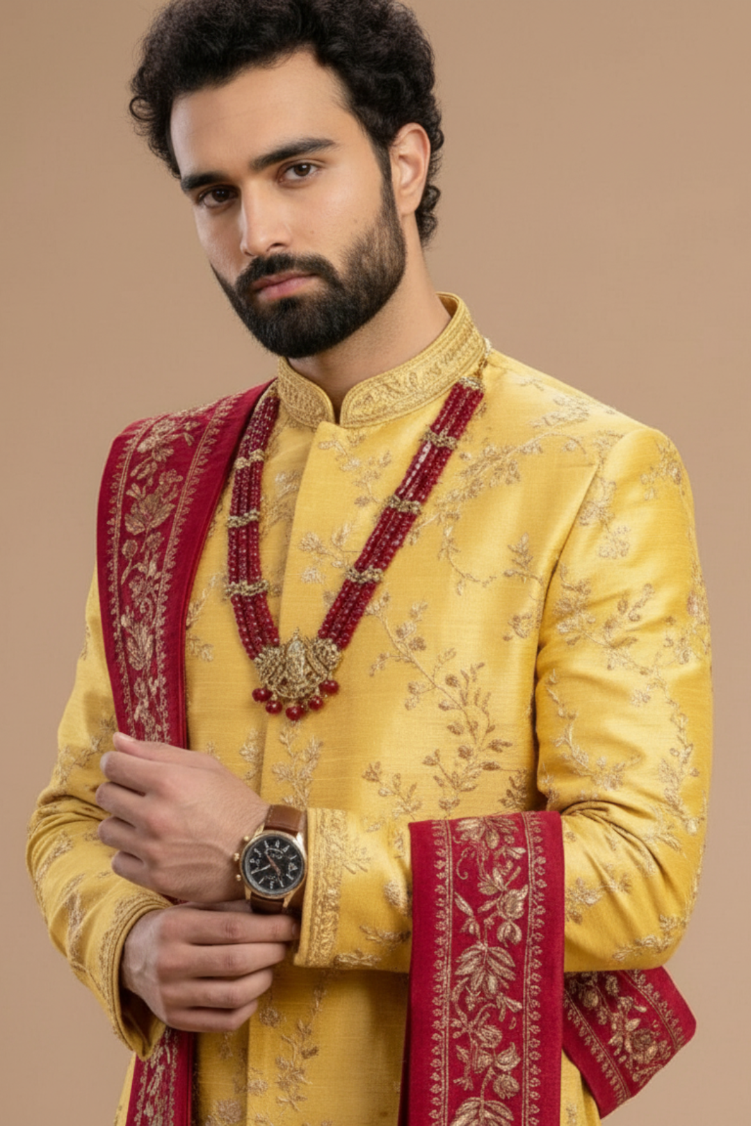 Men’s Mustard Yellow Embroidered sherwani Dhoti Set with Dupatta