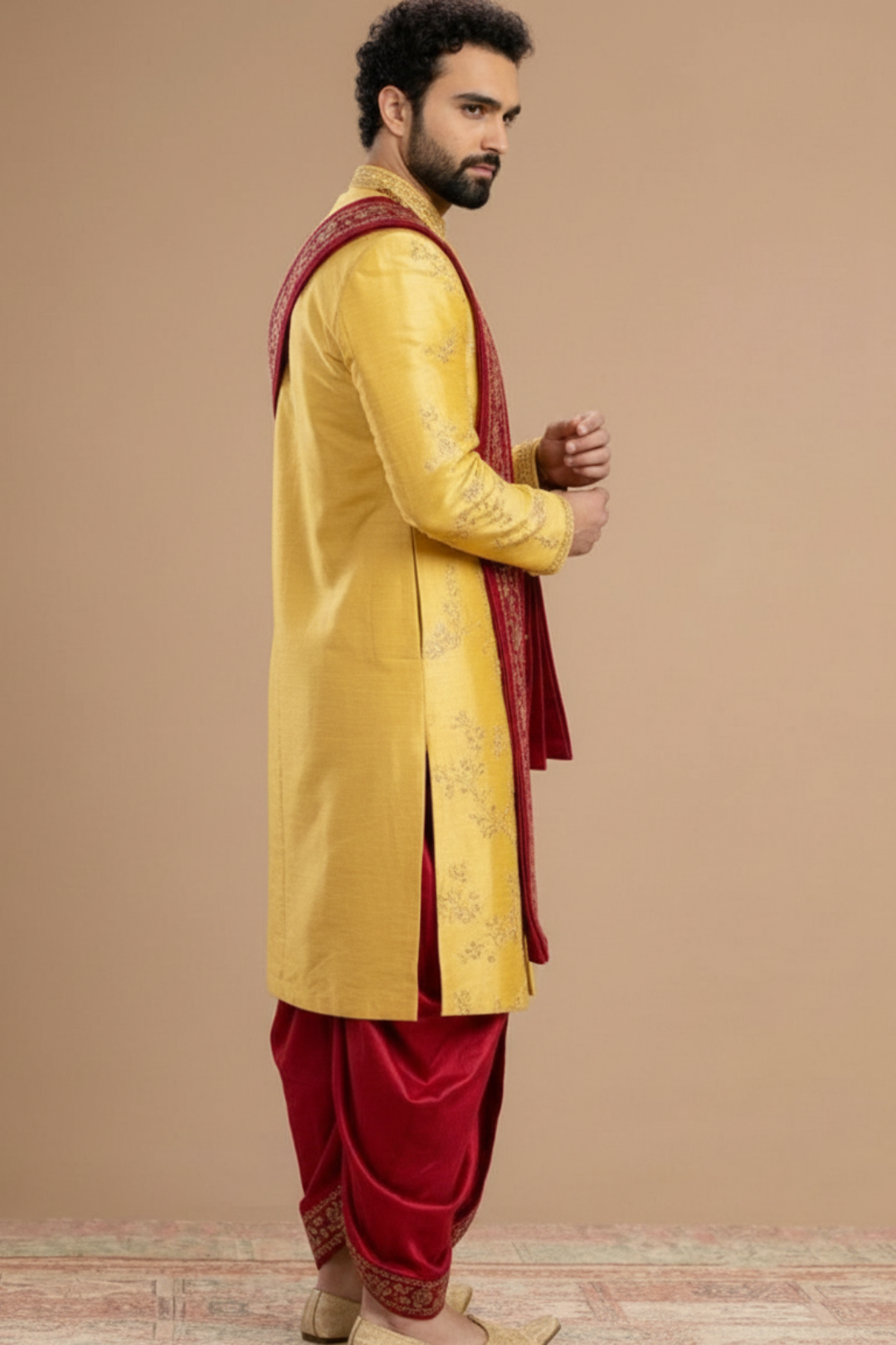 Men’s Mustard Yellow Embroidered sherwani Dhoti Set with Dupatta