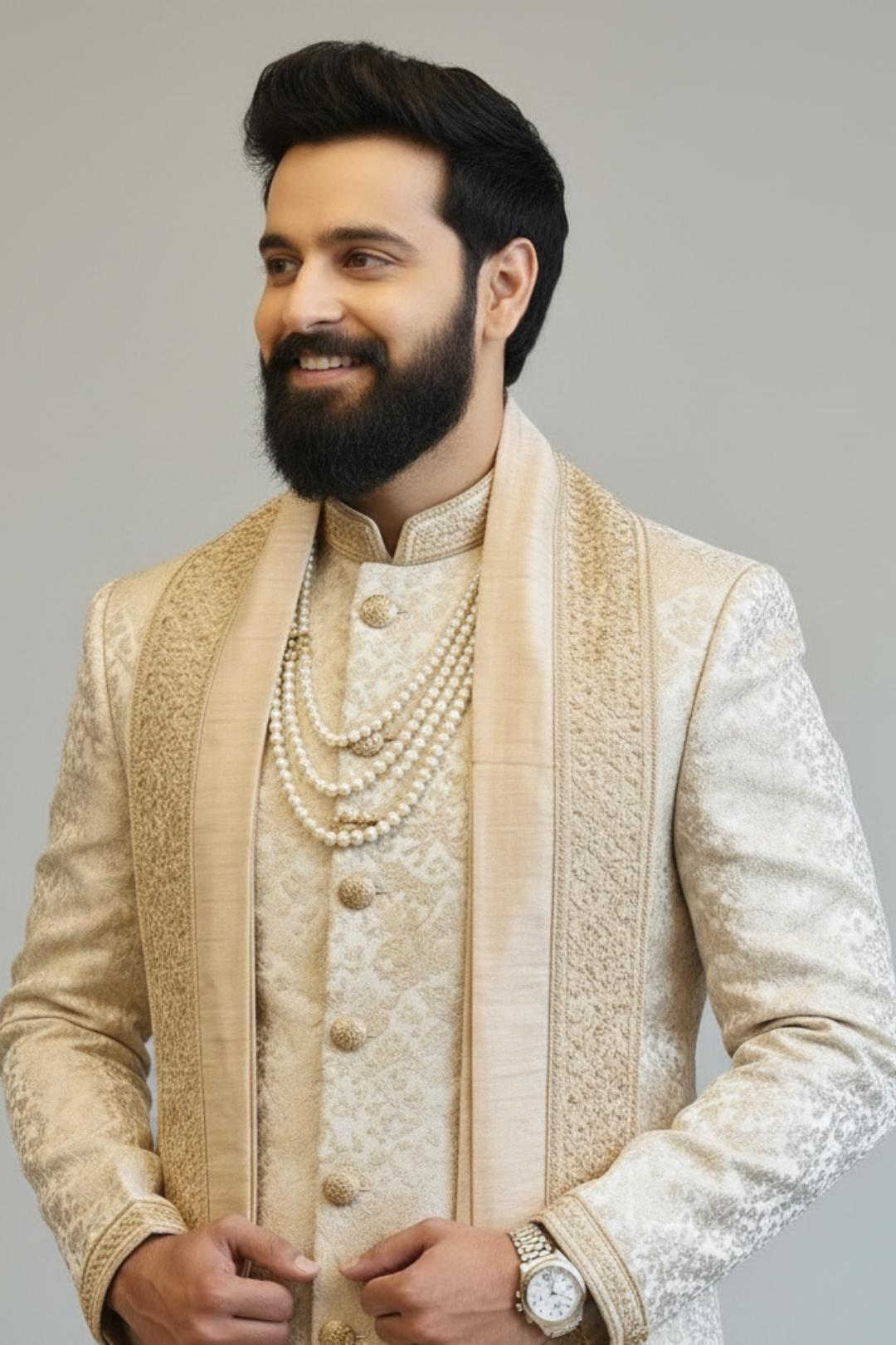 Man wearing a traditional embroidered beige sherwani with intricate patterns on a plain background
