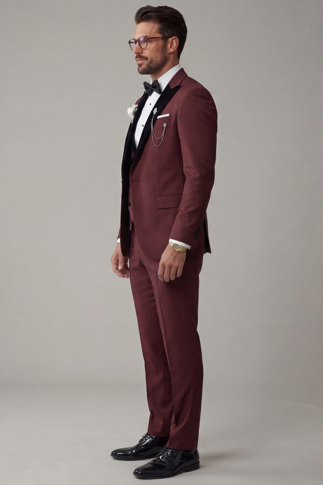 Burgundy Tuxedo Suit for Men with Black Lapel – Designer Wedding & Formal Wear