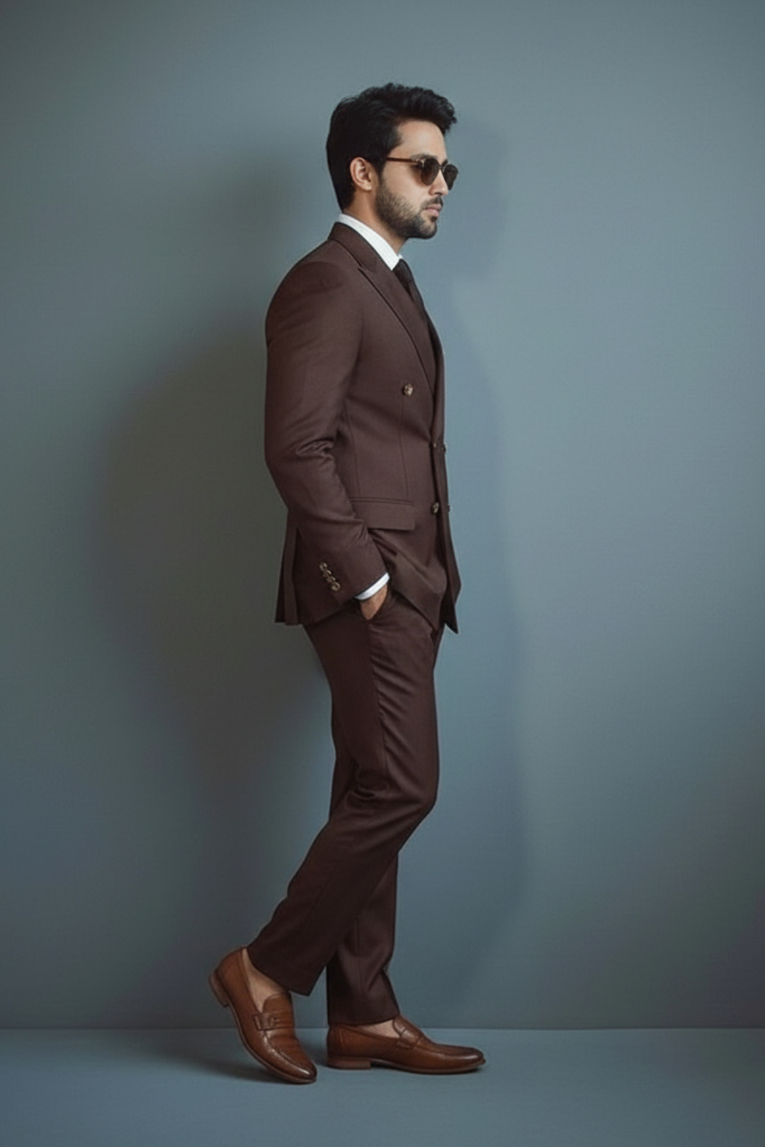Man wearing a brown suit with sunglasses against a gray background