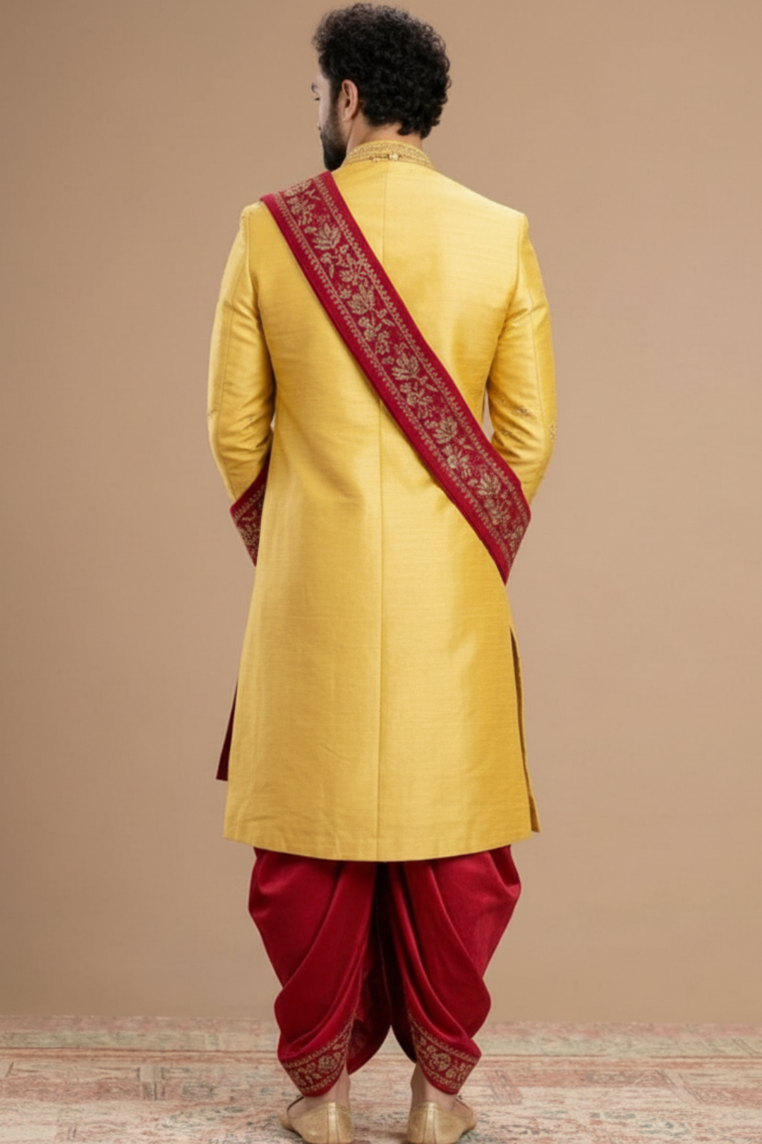 Men’s Mustard Yellow Embroidered sherwani Dhoti Set with Dupatta