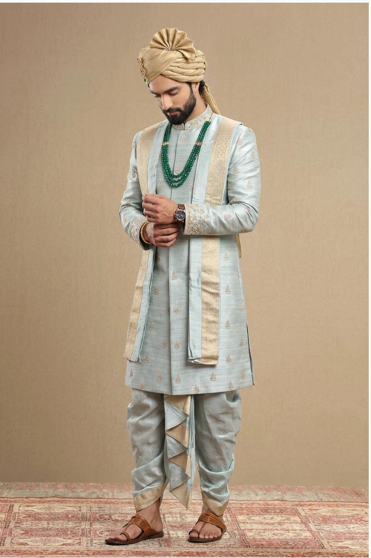 Men’s Powder Blue Embroidered Kurta Dhoti Set with Stole
