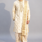 Men’s Ivory Self-Textured Pattu Pancha Set with Embroidered Kurta & Angavastram | Traditional Wedding Wear