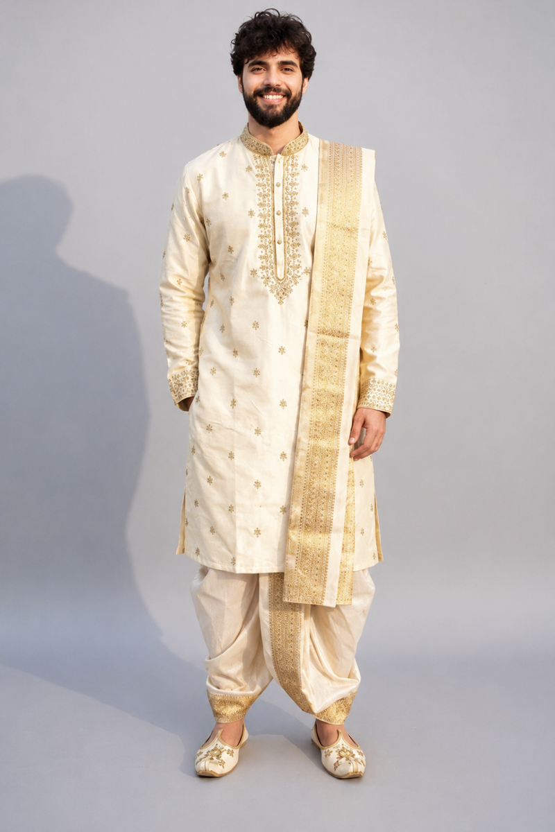 Men’s Ivory Self-Textured Pattu Pancha Set with Embroidered Kurta & Angavastram | Traditional Wedding Wear