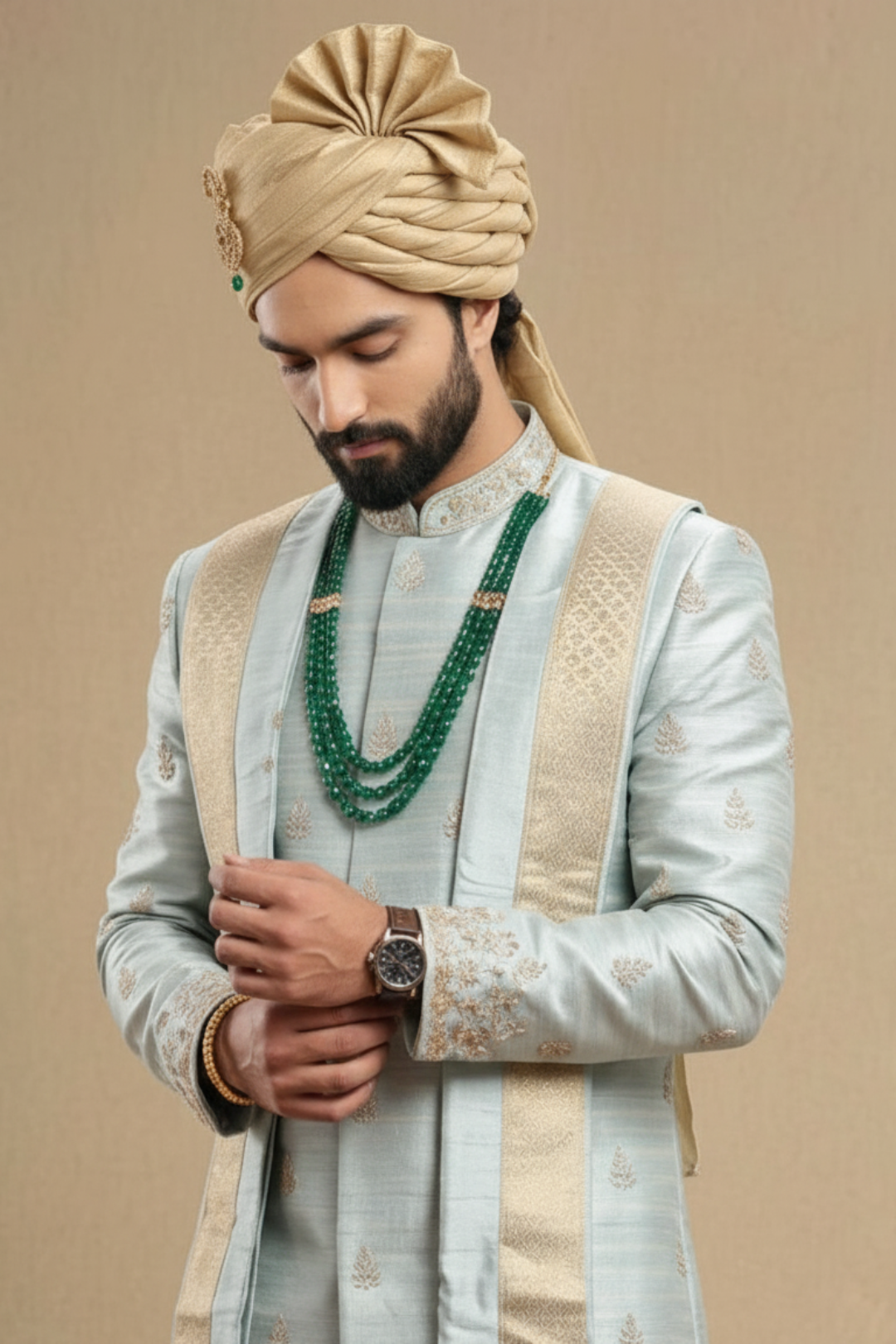 Men’s Powder Blue Embroidered Kurta Dhoti Set with Stole