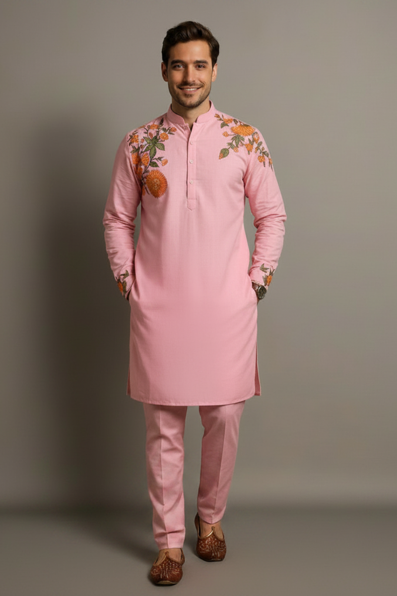 Pink Embroidered Kurta Pajama Set for Men – Floral Designer Festive & Wedding Wear