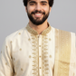Men’s Ivory Self-Textured Pattu Pancha Set with Embroidered Kurta & Angavastram | Traditional Wedding Wear