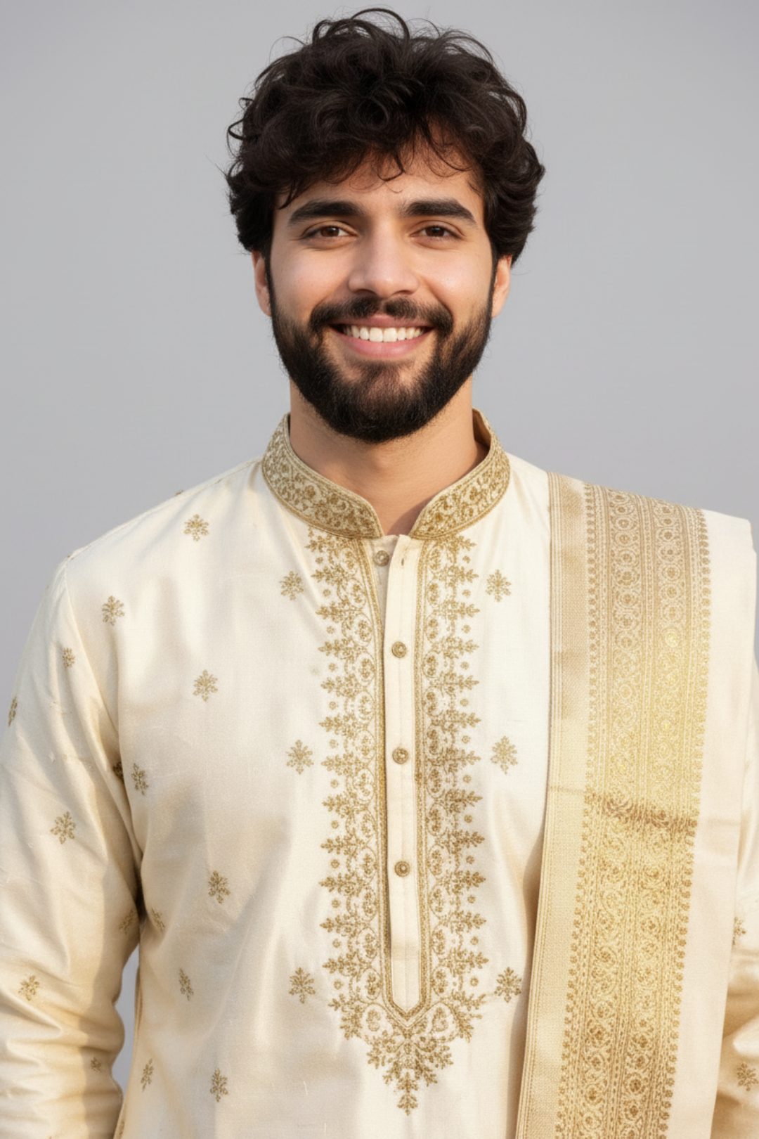 Men’s Ivory Self-Textured Pattu Pancha Set with Embroidered Kurta & Angavastram | Traditional Wedding Wear