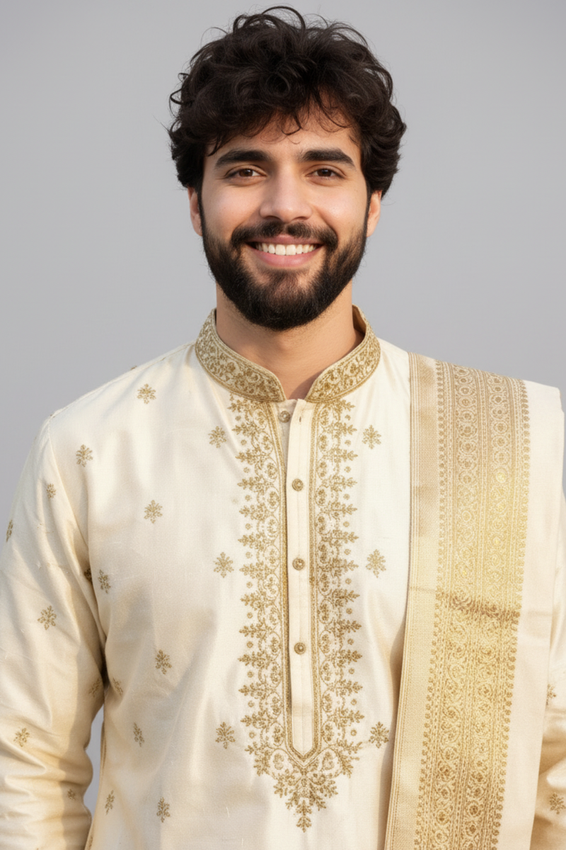 Men’s Ivory Self-Textured Pattu Pancha Set with Embroidered Kurta & Angavastram | Traditional Wedding Wear