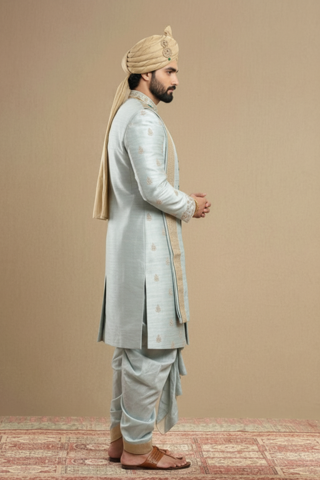 Men’s Powder Blue Embroidered Kurta Dhoti Set with Stole