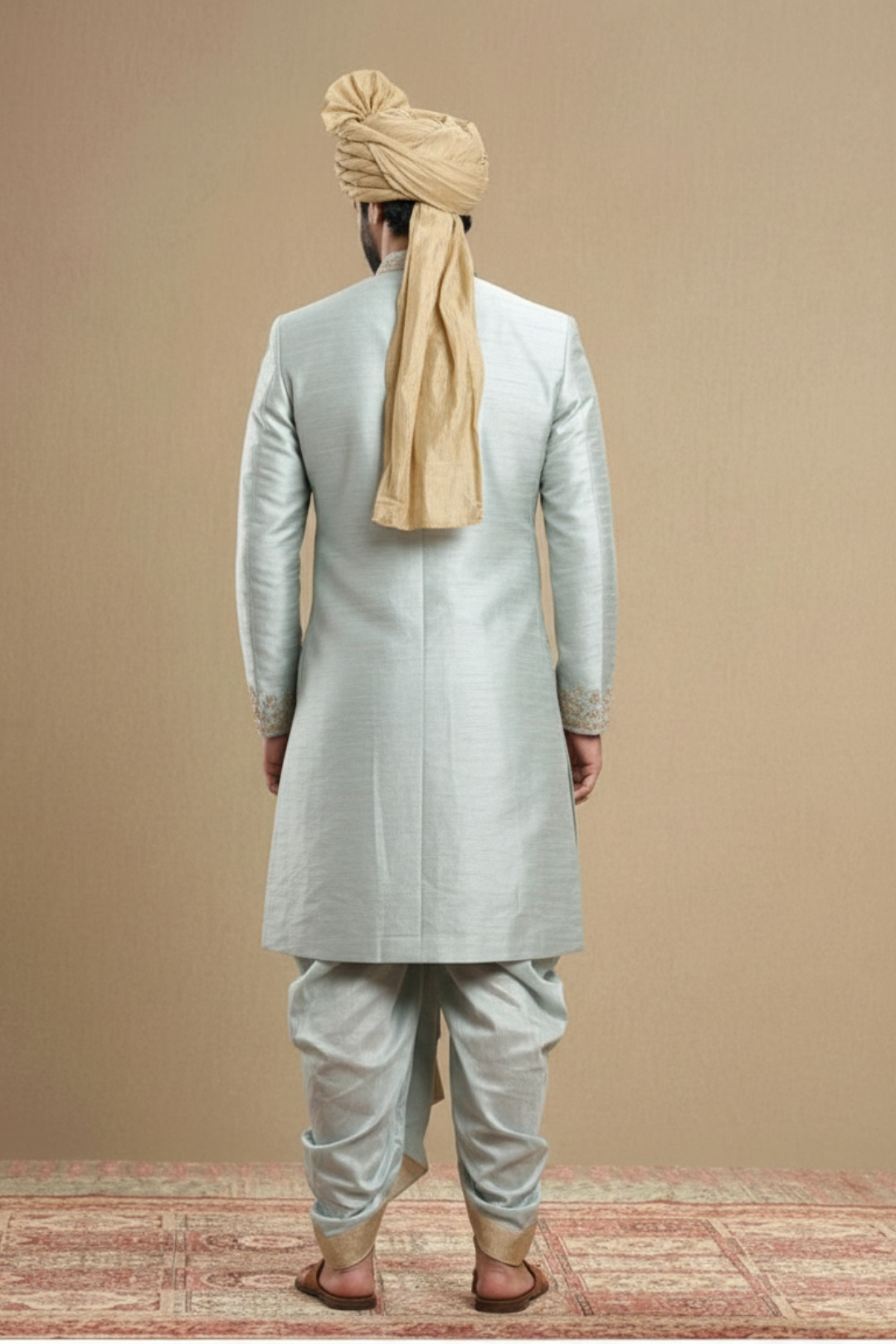 Men’s Powder Blue Embroidered Kurta Dhoti Set with Stole
