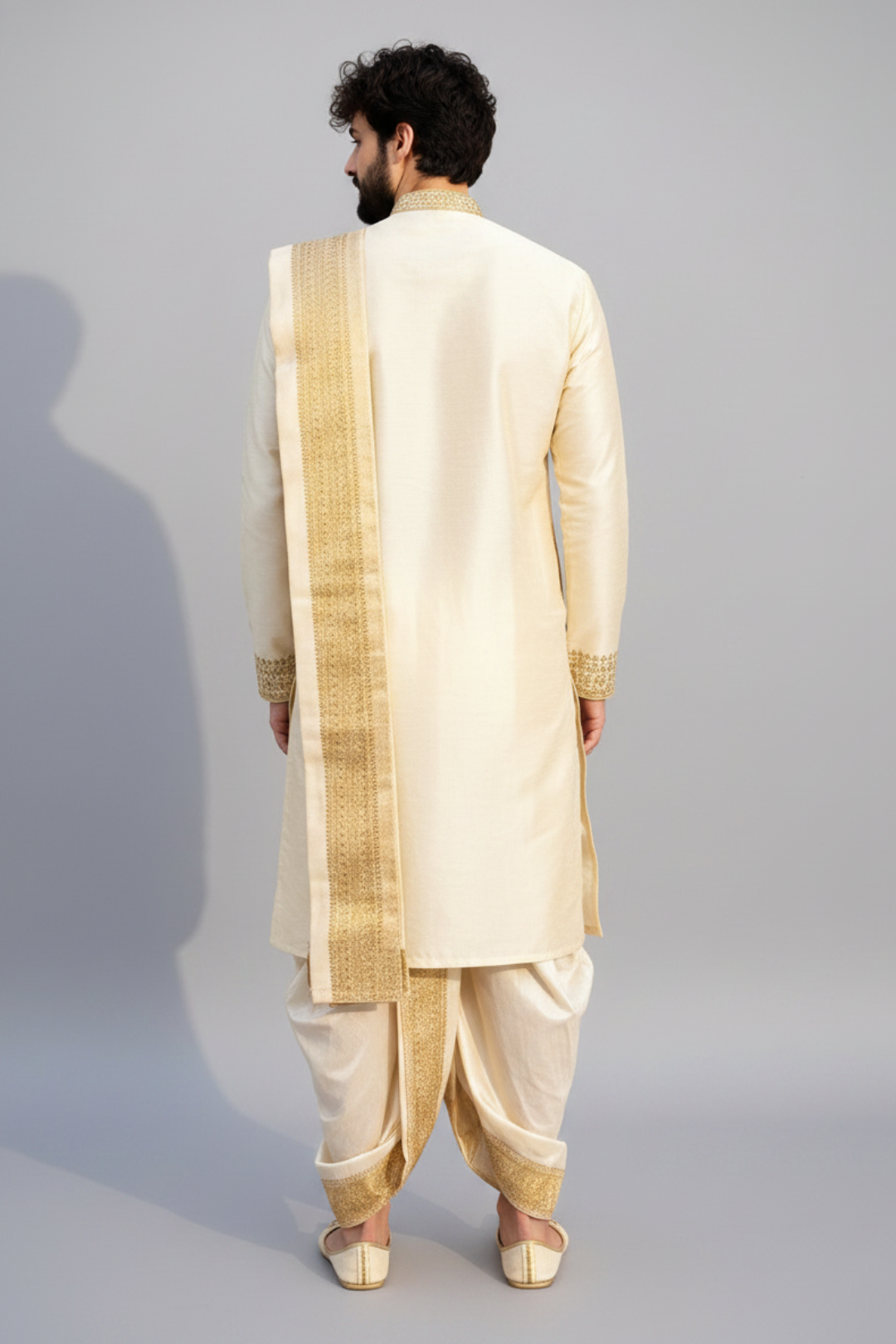 Men’s Ivory Self-Textured Pattu Pancha Set with Embroidered Kurta & Angavastram | Traditional Wedding Wear
