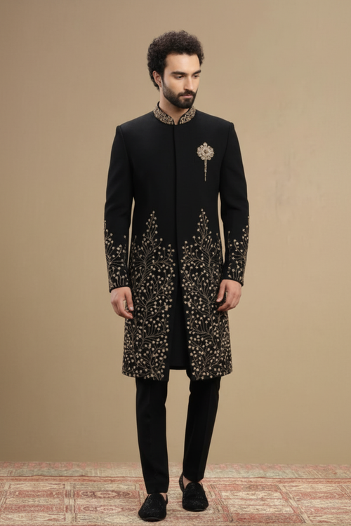 Black Designer Sherwani with Gold Floral Embroidery