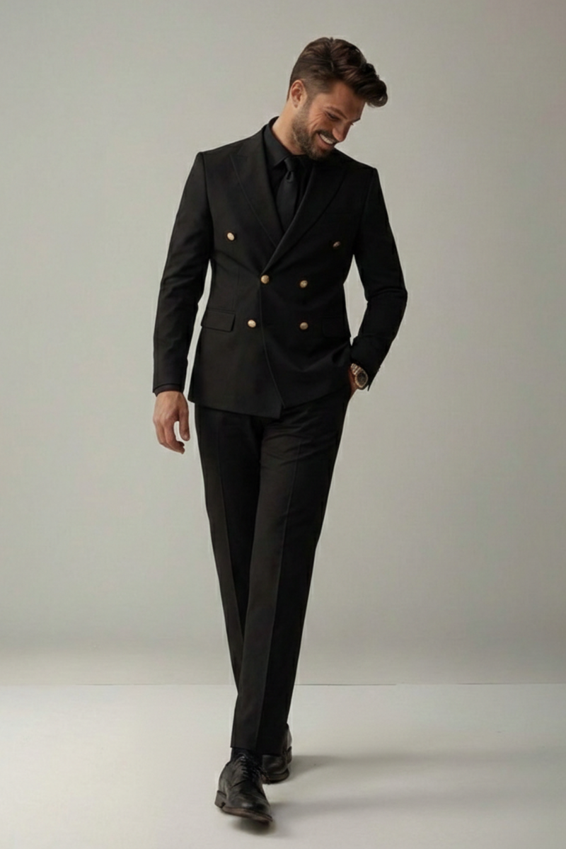 Black Double Breasted Suit for Men with Gold Buttons – Premium Wedding & Formal Wear