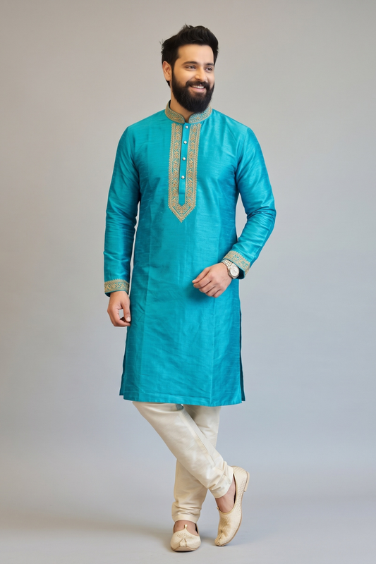 Men’s Sky Blue Self-Textured Embroidered Kurta Set | Premium Ethnic & Festive Wear