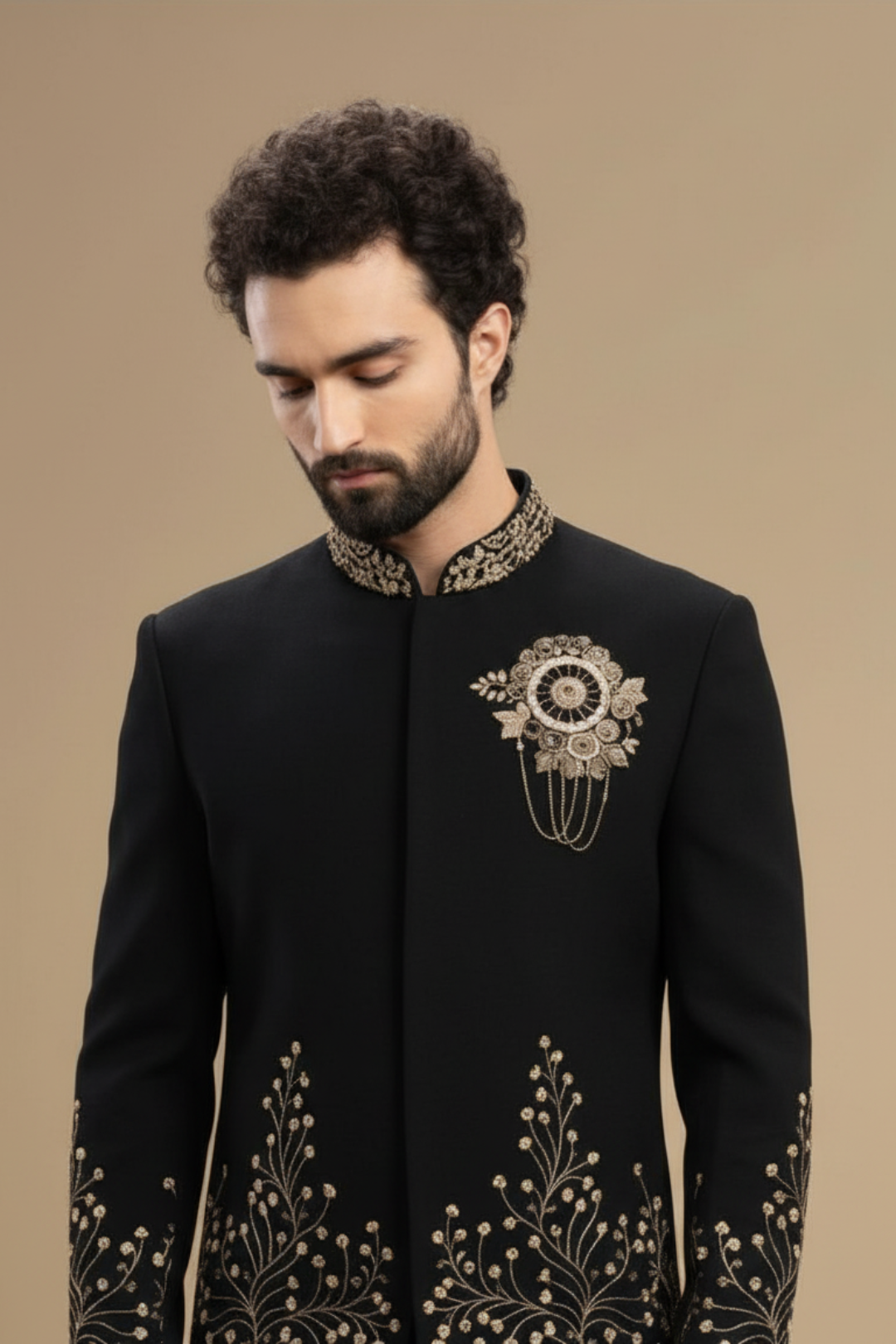 Black Designer Sherwani with Gold Floral Embroidery