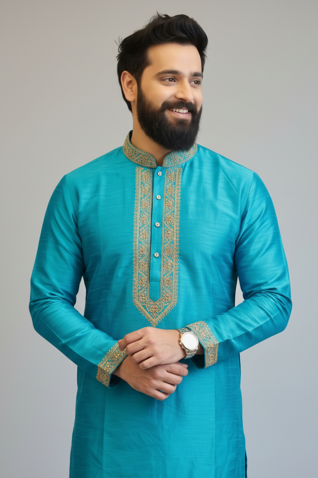 Men’s Sky Blue Self-Textured Embroidered Kurta Set | Premium Ethnic & Festive Wear