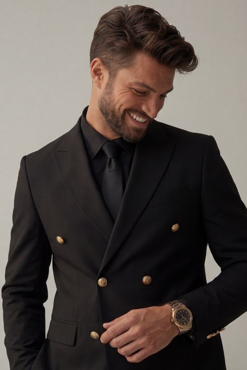 Black Double Breasted Suit for Men with Gold Buttons – Premium Wedding & Formal Wear