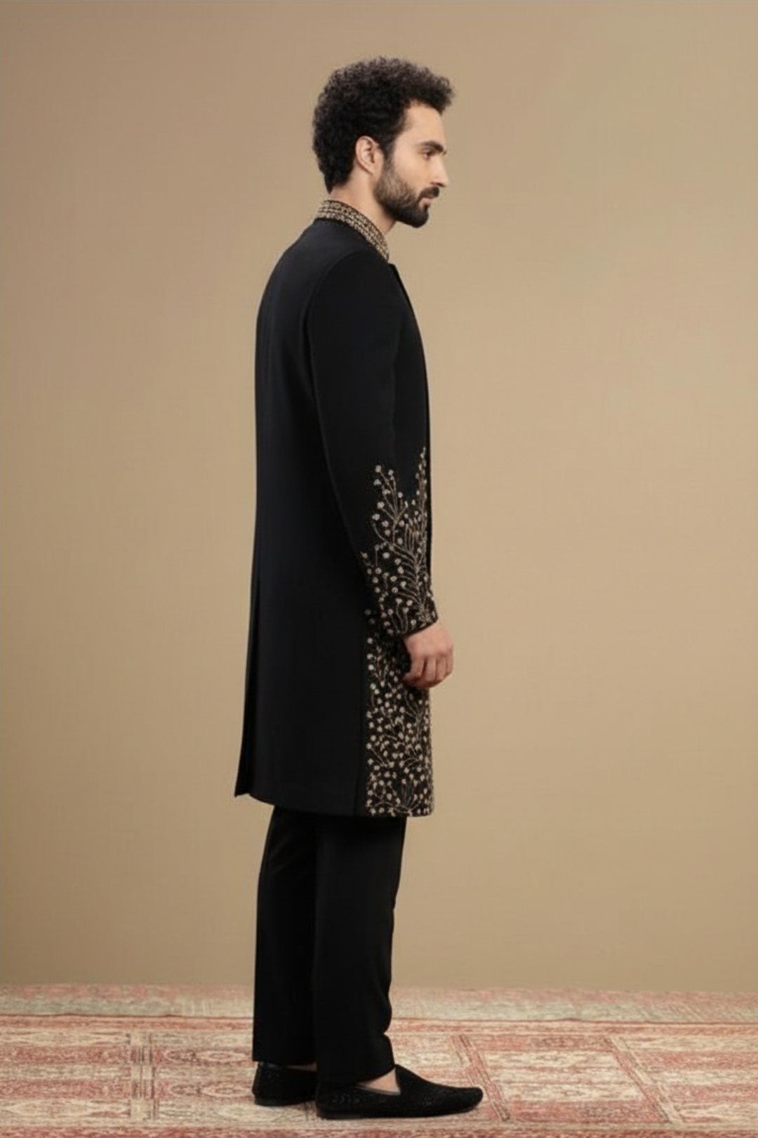 Black Designer Sherwani with Gold Floral Embroidery