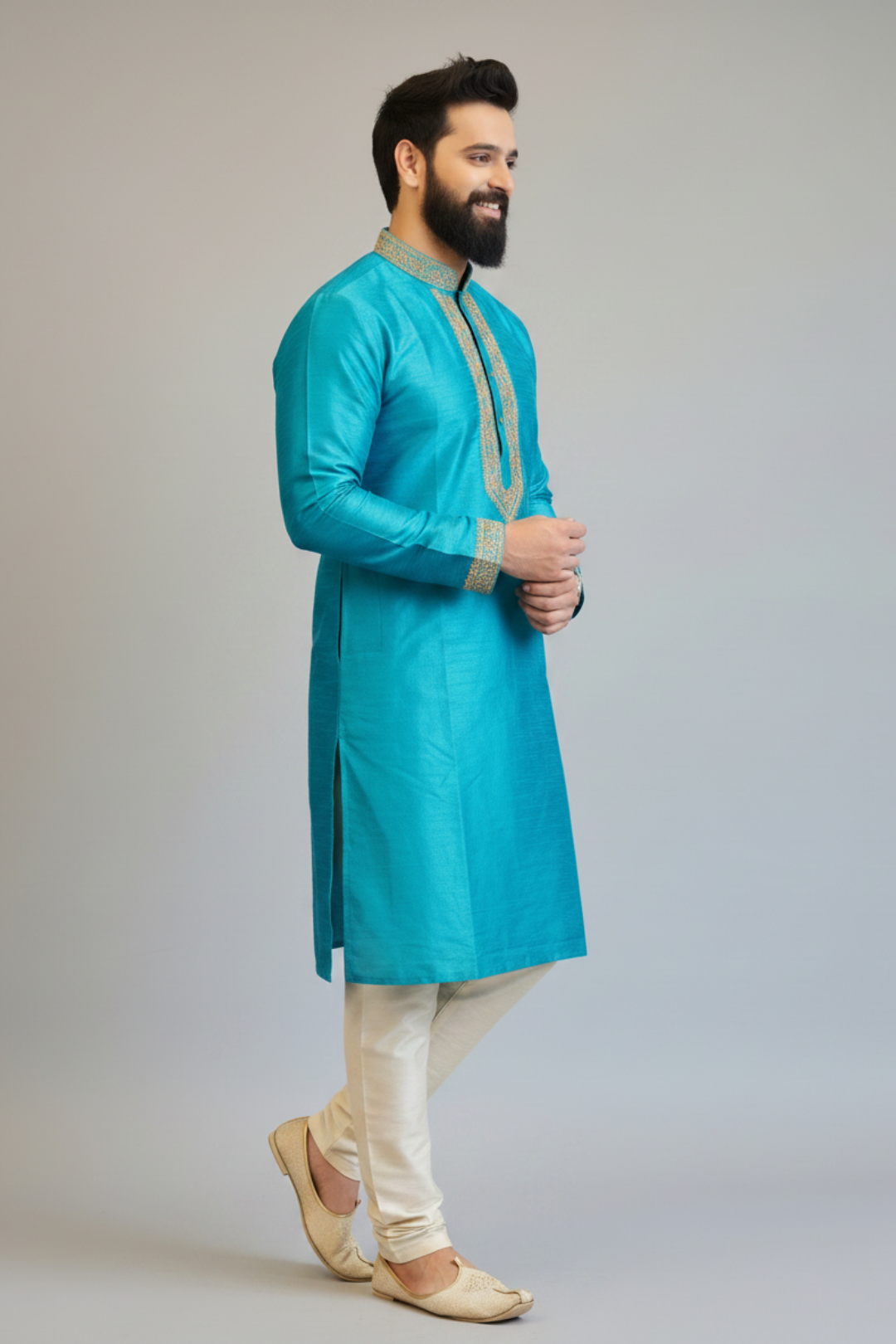 Men’s Sky Blue Self-Textured Embroidered Kurta Set | Premium Ethnic & Festive Wear