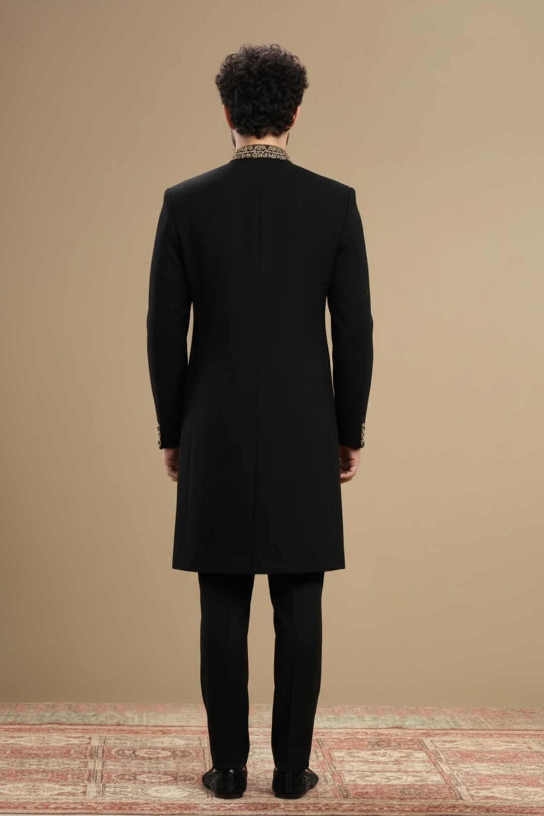 Black Designer Sherwani with Gold Floral Embroidery