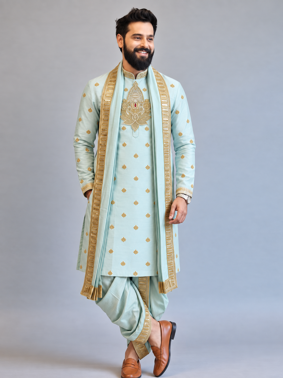 Vaikunta Blue Pattu Pancha Set for Men with Gold Embroidery – Premium Wedding & Traditional Ethnic Wear