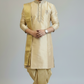 Men’s Beige Gold Self-Textured Pattu Pancha Kurta Set with Traditional Dhoti & Dupatta