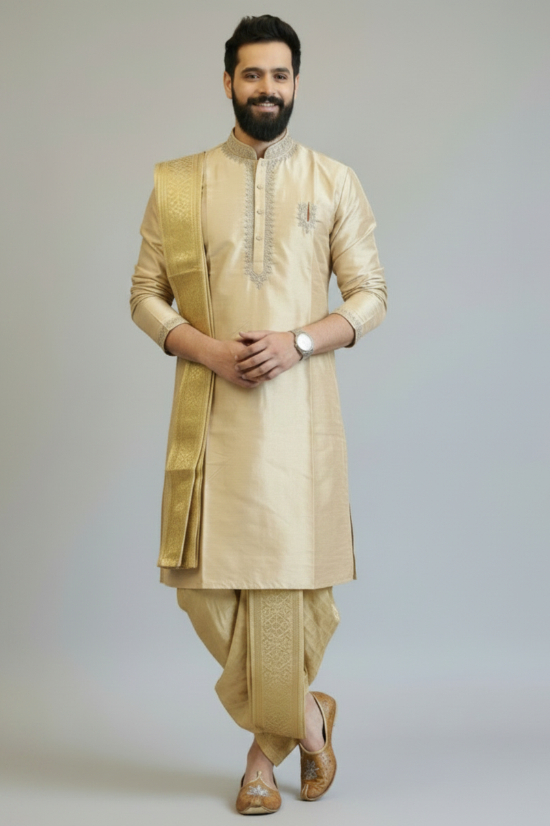 Men’s Beige Gold Self-Textured Pattu Pancha Kurta Set with Traditional Dhoti & Dupatta